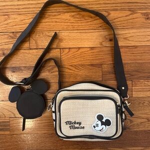 Disney Mickey Mouse Crossbody Bag With Change Purse Keychain Natural Woven NWOT